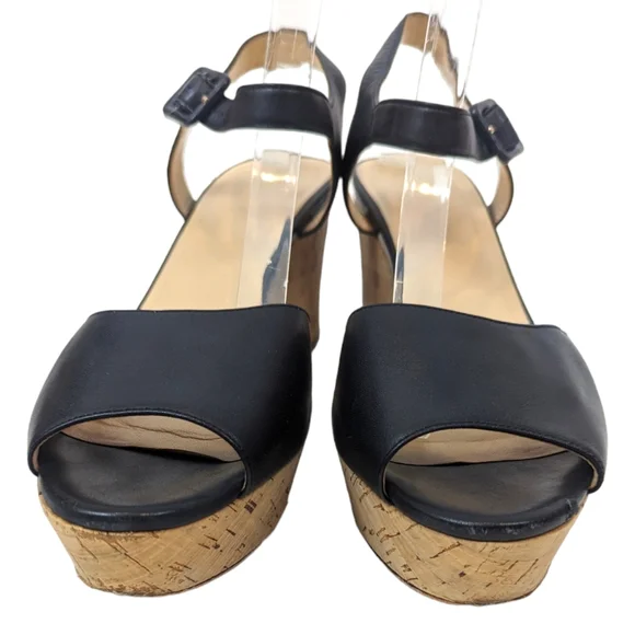 Cole Haan Gillian Mid Wedge Leather Sandals 10 Black Cork Platform Ankle Strap - Picture 2 of 14